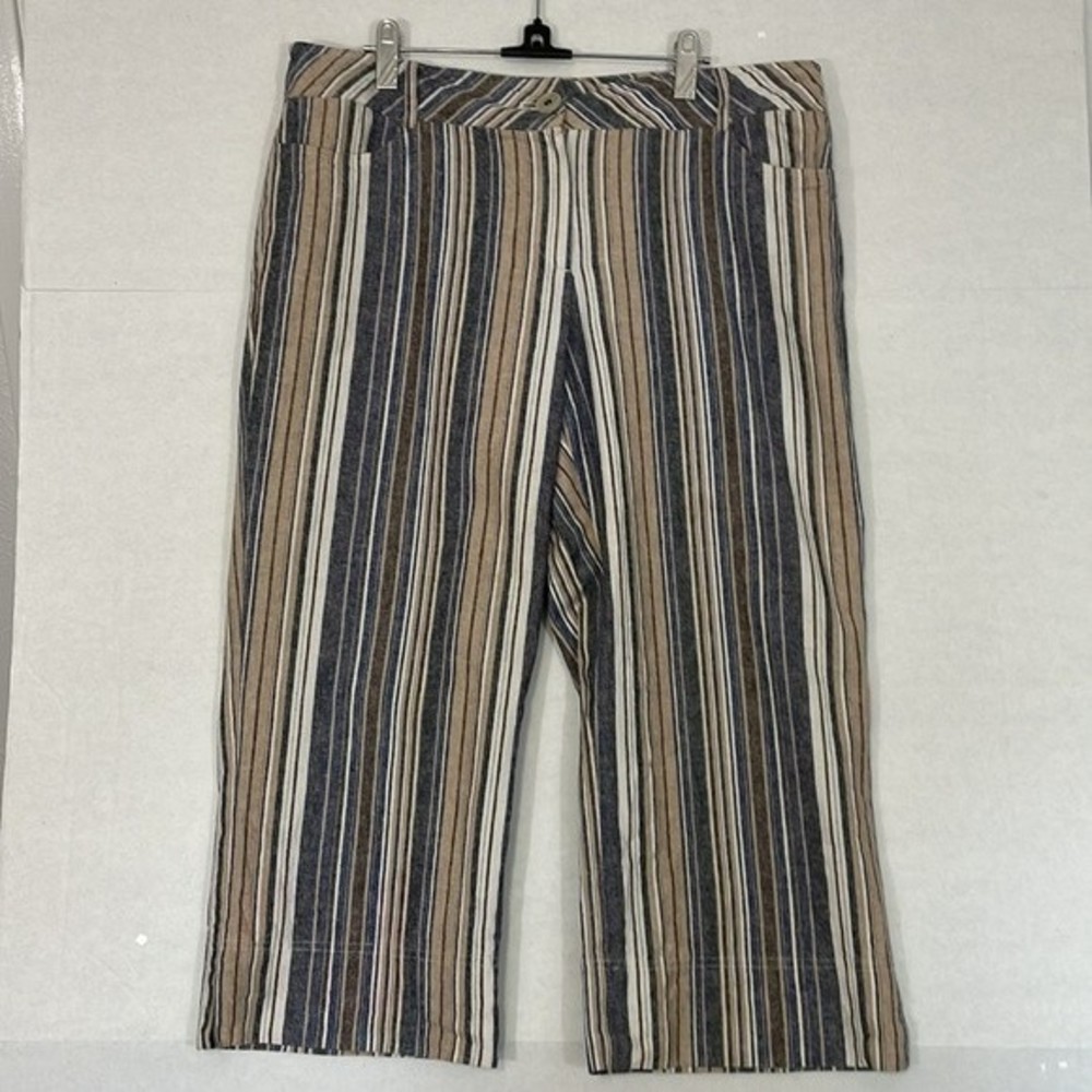 Focus Lifestyle Linen Blend Pants with Pockets, Cropped, Tan & Gray Stripe, 16